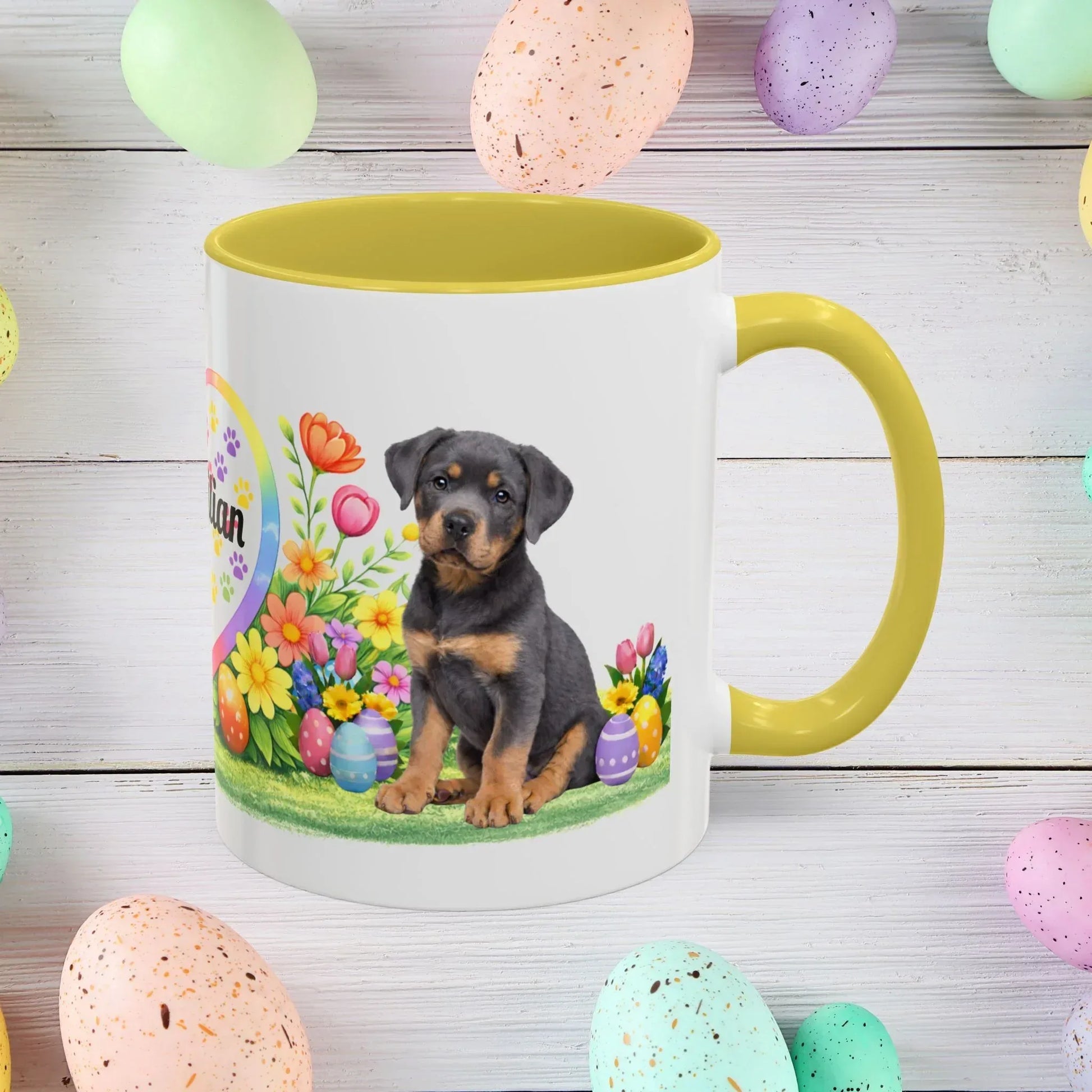 Shop our rottweiler blue puppy easter mug featuring the 15oz style option from MySisterIsASurvivor.