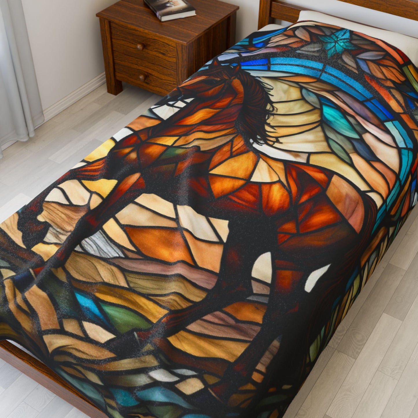 A peaceful horse blanket designed with stained glass art for relaxation and mindfulness.