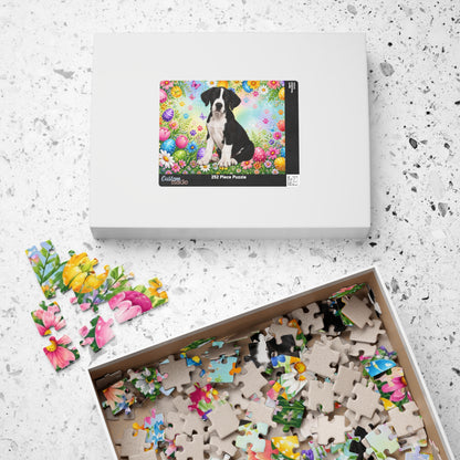 Great Dane (Mantle) Easter Puppy Puzzle - Spring Garden with Eggs, Tulips, and Daisies