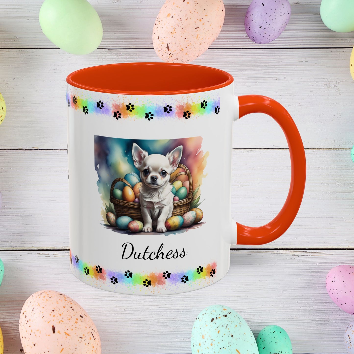 Chihuahua (White): Personalized Easter Puppy Coffee Mug - Adorable Dog Design, Mental Health Gift, 11oz & 15oz, 12 Color Choices, Easter Gifts & Décor