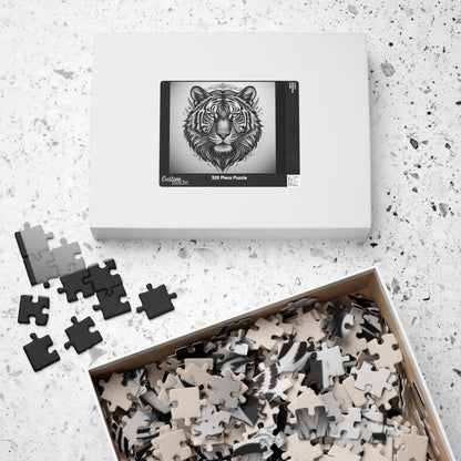 Jigsaw puzzle set with a tiger design on a speckled surface