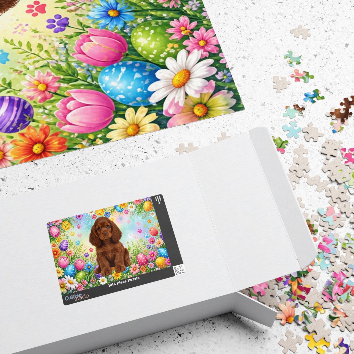 American Cocker Spaniel (Liver) Easter Puppy Puzzle - Spring Garden with Eggs, Tulips, and Daisies