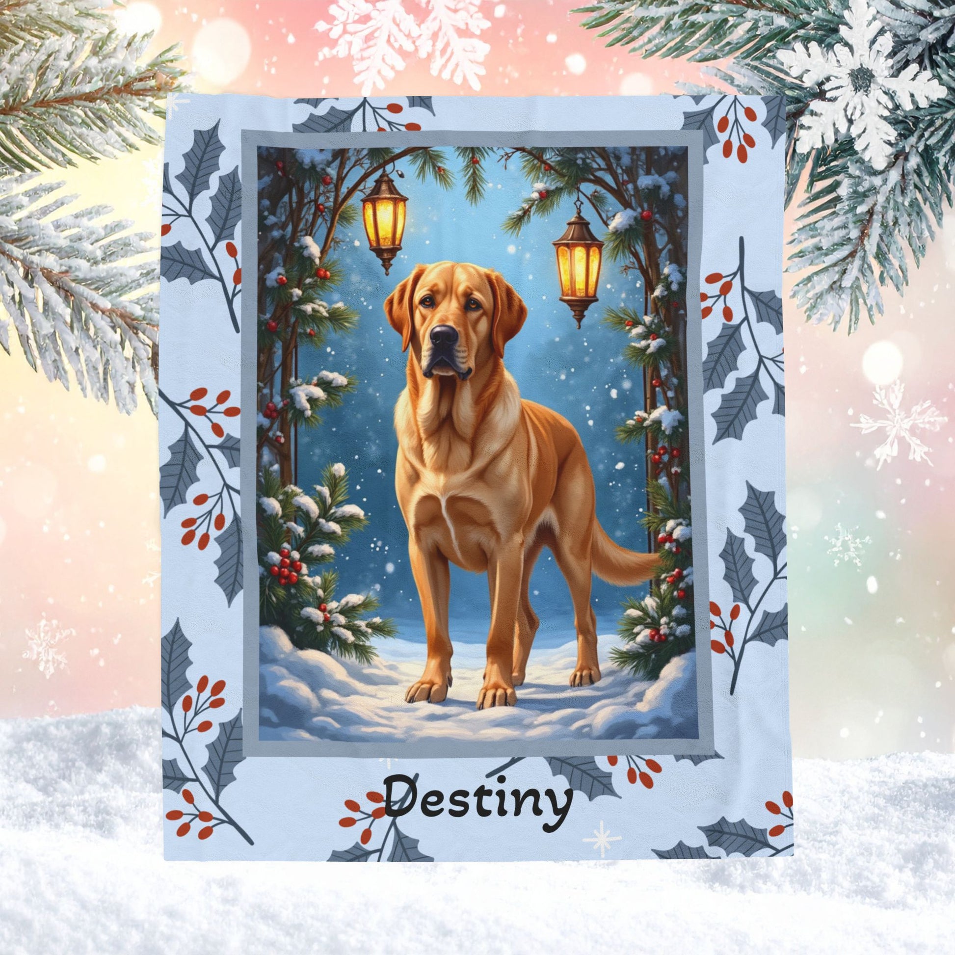 Labrador Retriever Yellow personalized winter throw showing a happy yellow Lab in a bright lodge-style scene