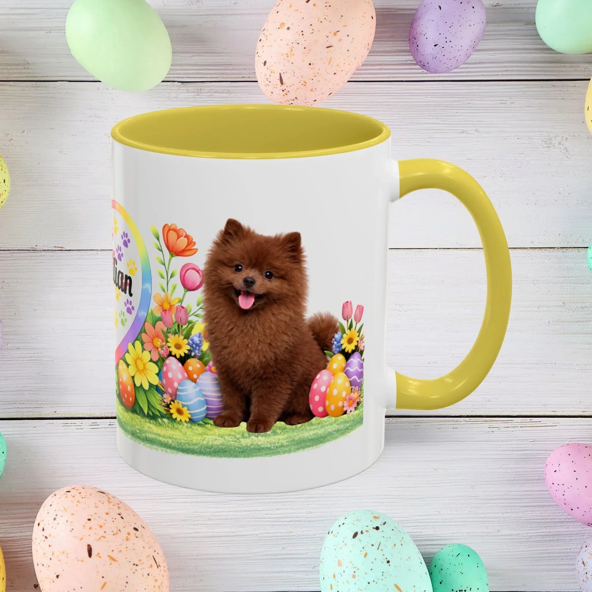 Shop our pomeranian chocolate puppy easter mug featuring the 15oz style option from MySisterIsASurvivor.