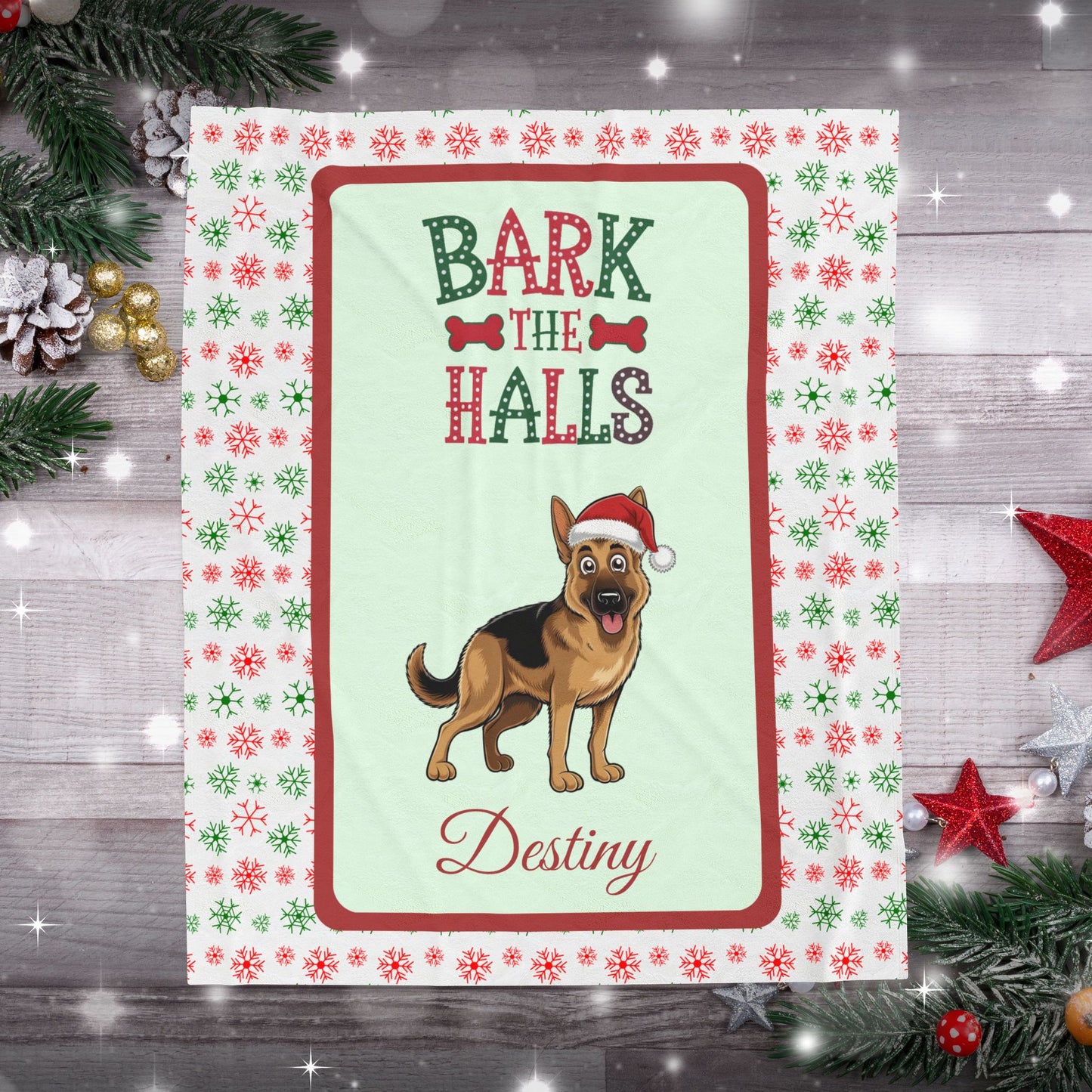 German Shepherd Personalized Velveteen Blanket - Breed-specific cozy Bark The Halls dog throw