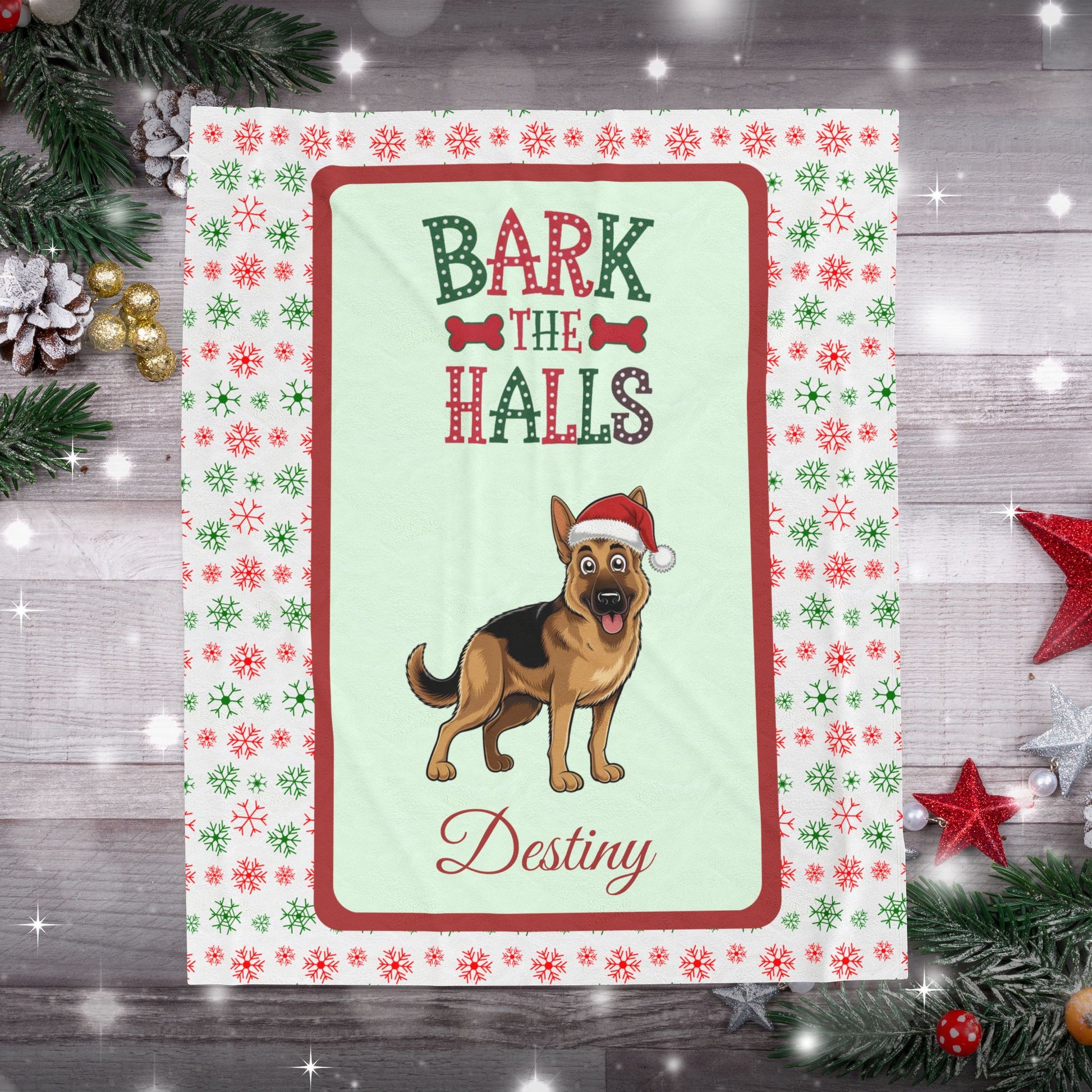 German Shepherd Personalized Velveteen Blanket - Breed-specific cozy Bark The Halls dog throw