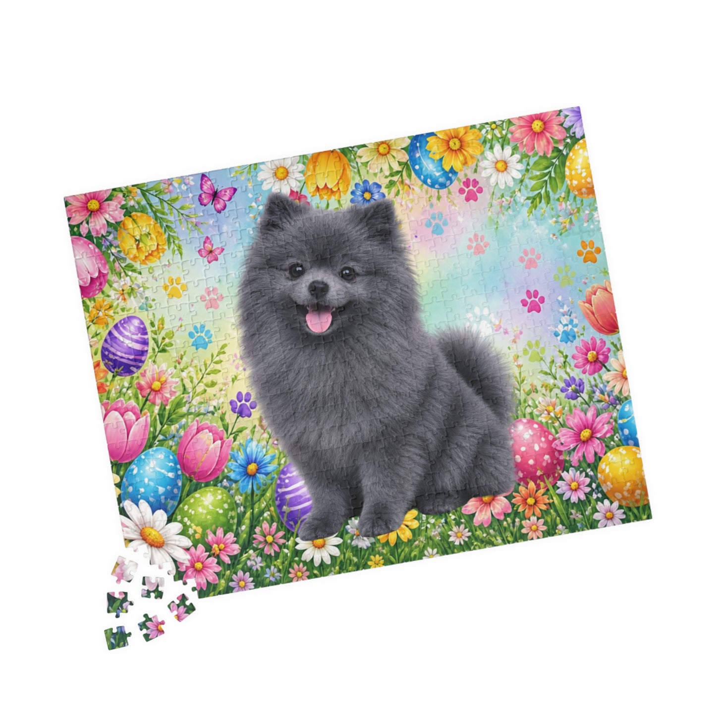 Pomeranian (Blue) Easter Puppy Puzzle - Spring Garden with Eggs, Tulips, and Daisies