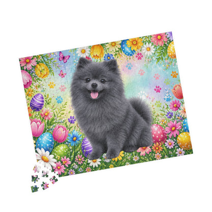 Pomeranian (Blue) Easter Puppy Puzzle - Spring Garden with Eggs, Tulips, and Daisies
