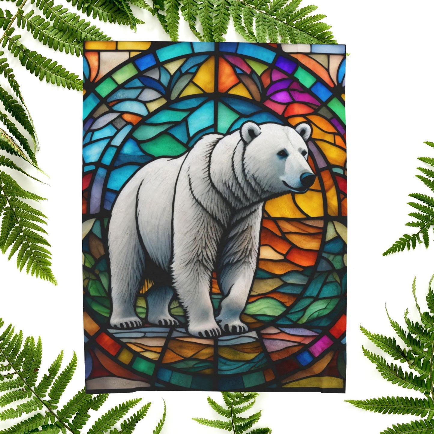 A polar bear blanket in stained glass style that brings arctic charm and peaceful coziness.