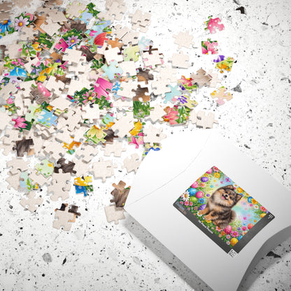 Pomeranian (Chocolate Merle) Easter Puppy Puzzle - Spring Garden with Eggs, Tulips, and Daisies