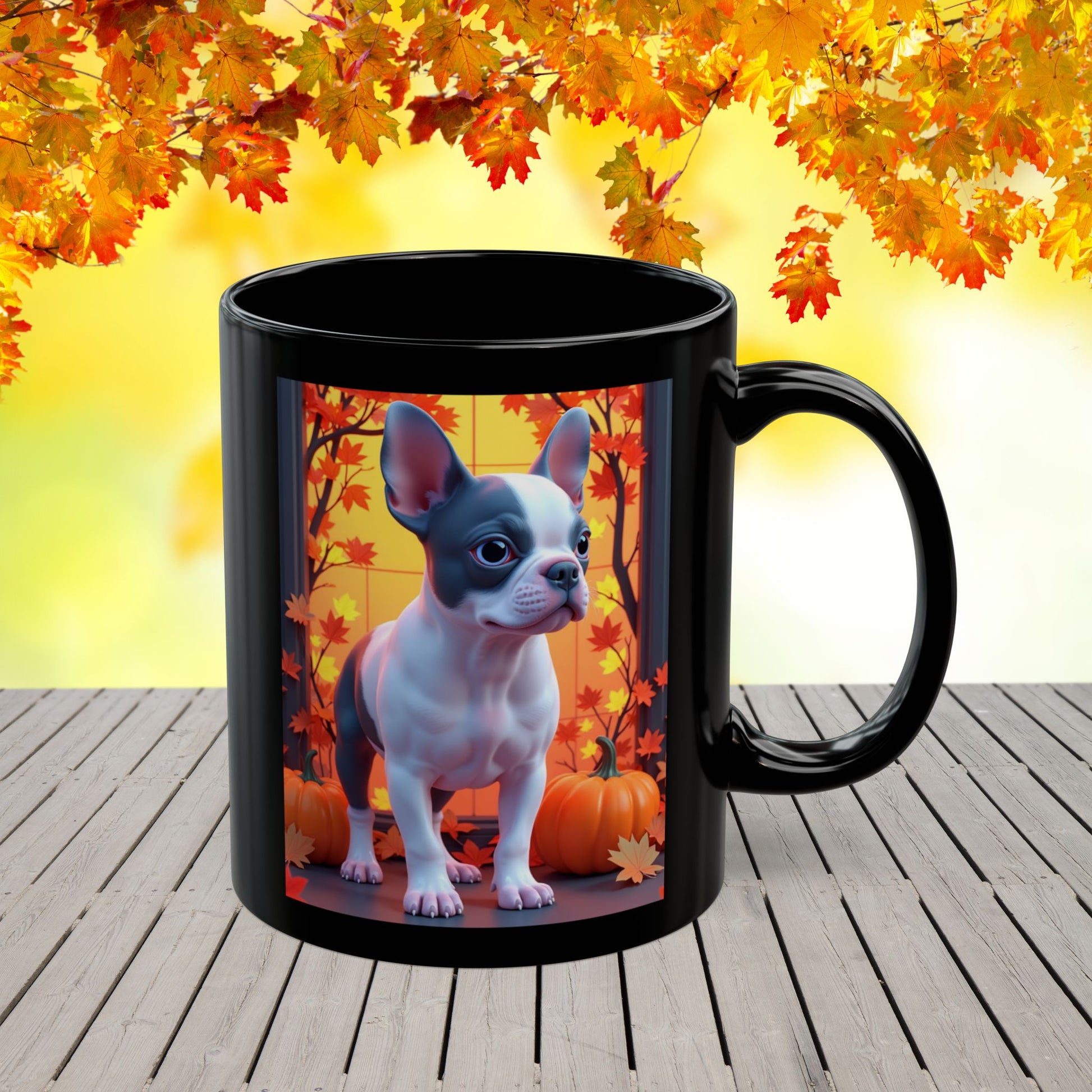 Blue Pied French Bulldog Autumn Black Mug - Seasonal dog lover gift coffee cup