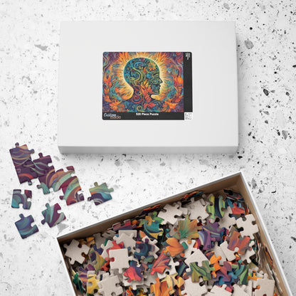 Healing the Soul - Mind-as-Garden Puzzle with Botanical Head Silhouette and Golden Halo on Autumn Leaves