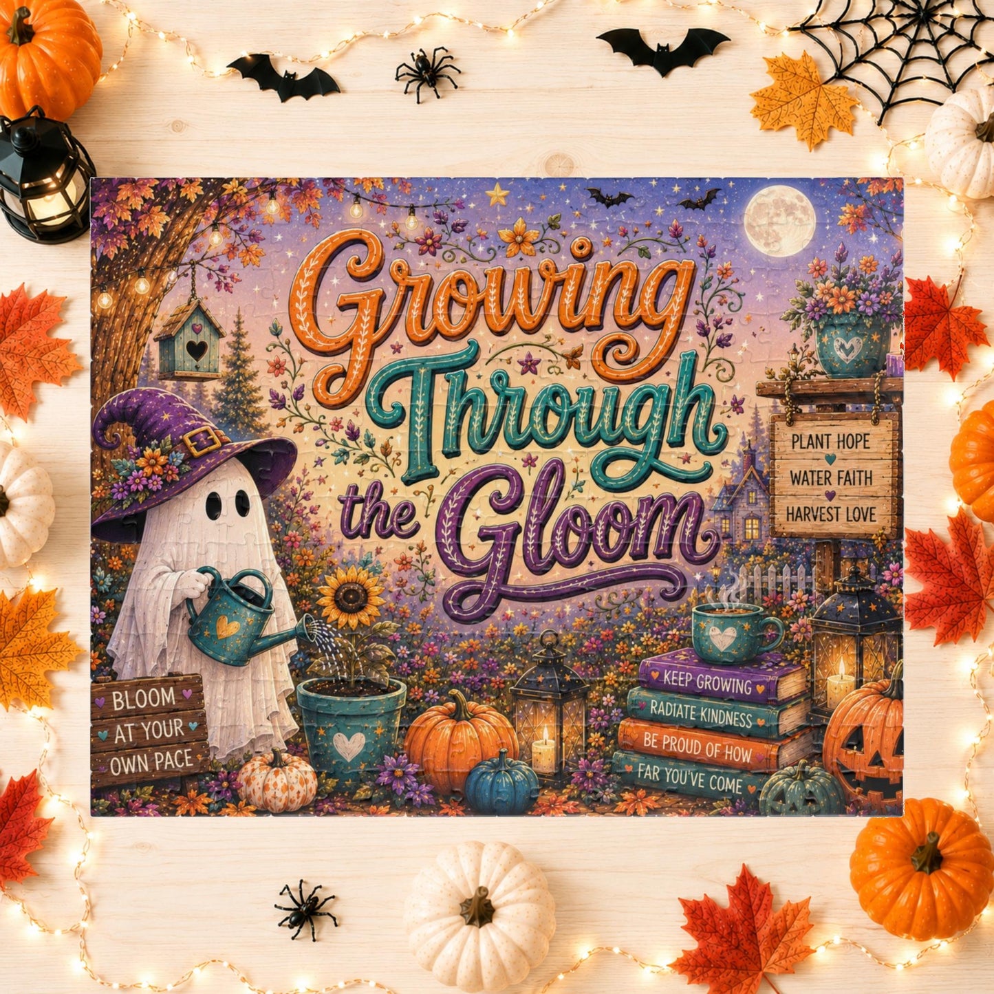 Growing Through the Gloom Halloween Puzzle - Ghost Watering Heart Plant with Bloom at Your Own Pace Sign