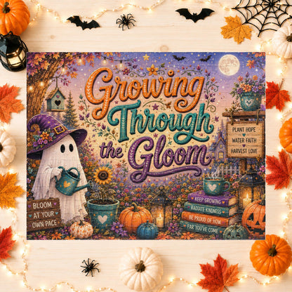 Growing Through the Gloom Halloween Puzzle - Ghost Watering Heart Plant with Bloom at Your Own Pace Sign