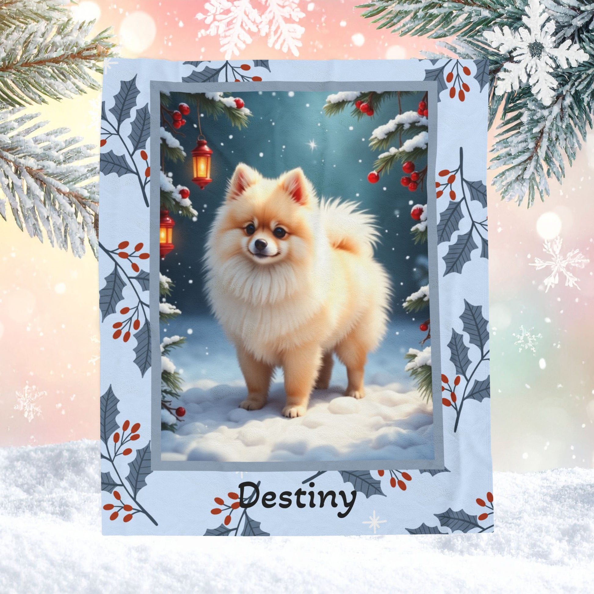Pomeranian Cream personalized winter throw with soft cream Pom artwork in a cozy illustrated lodge setting