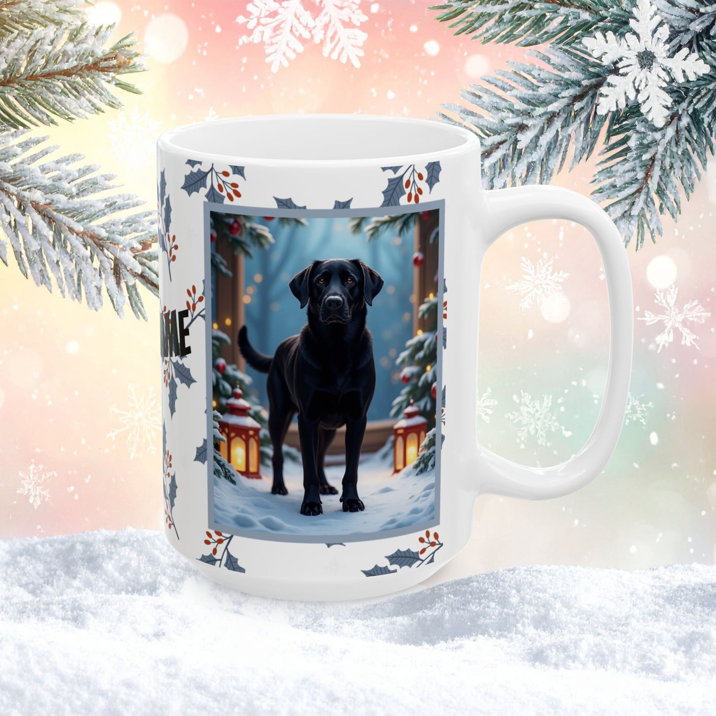 Labrador Retriever (Black) Winter Mug - black labrador retriever illustrated standing in a winter scene with snow-covered ground