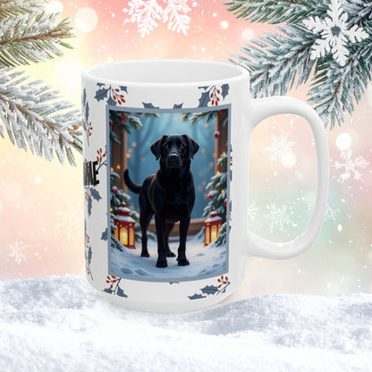 Labrador Retriever (Black) Winter Mug - black labrador retriever illustrated standing in a winter scene with snow-covered ground