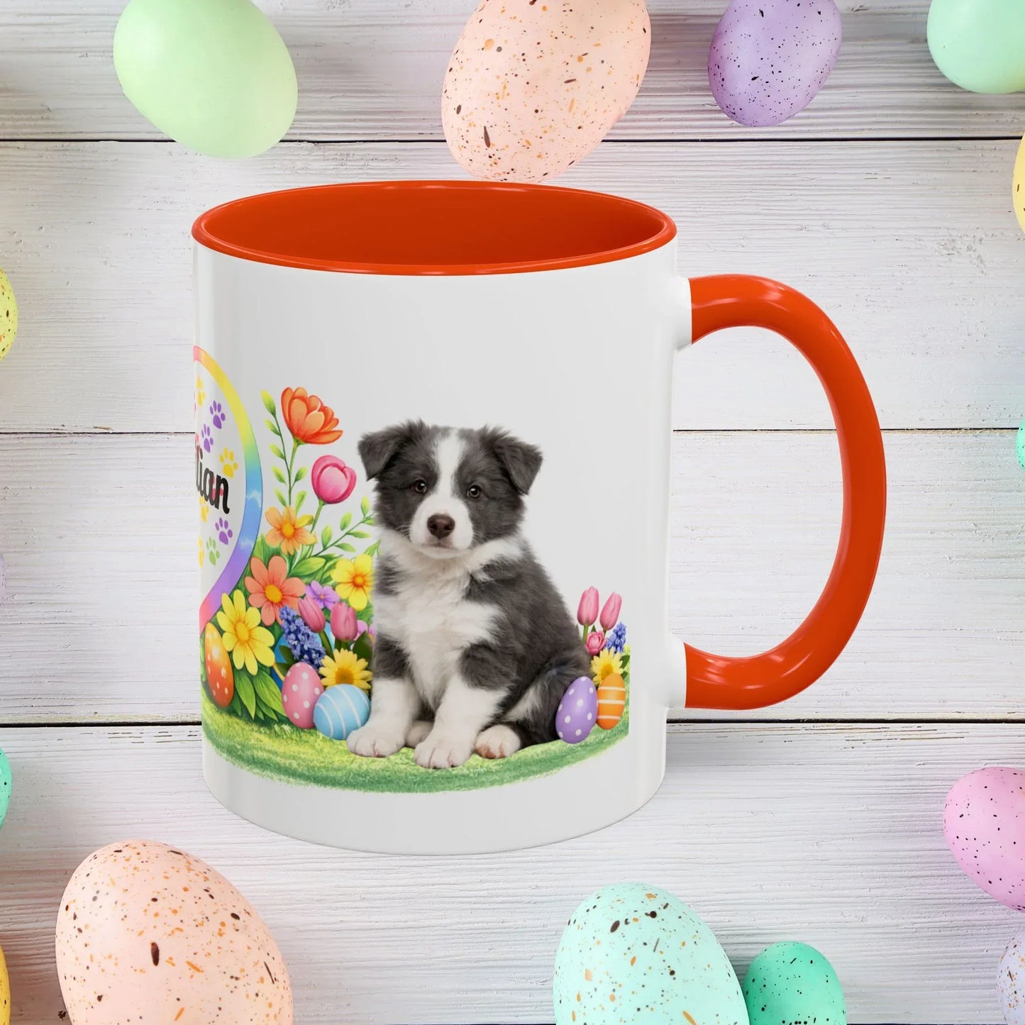 Shop our border collie blue white puppy easter mug featuring the 11oz style option from MySisterIsASurvivor.
