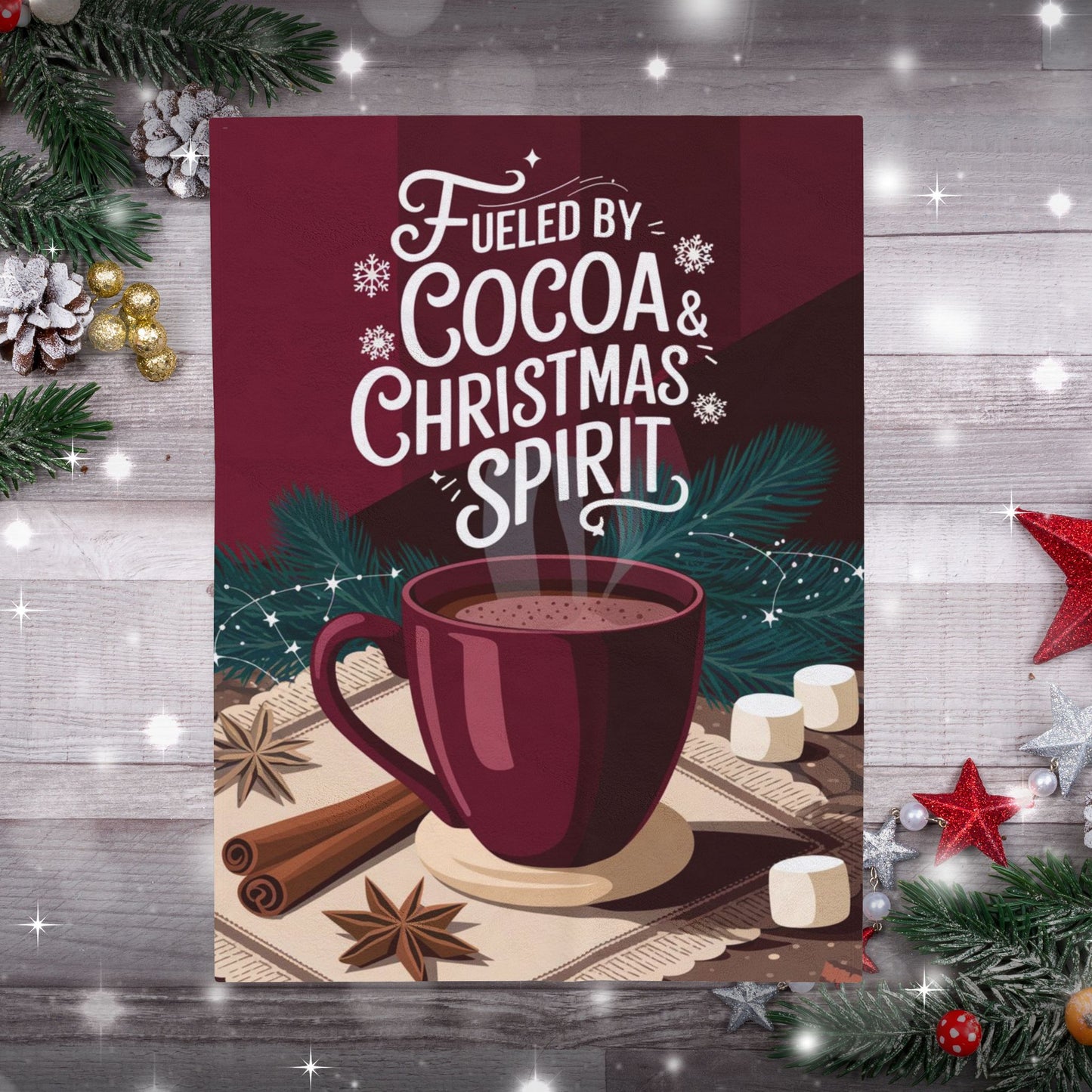 Holiday blanket “Fueled by Cocoa & Christmas Spirit” cozy Christmas throw for warmth and fun