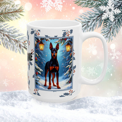 Doberman (Black & Rust) Winter Mug - black and rust Doberman illustrated standing proudly in a snowy winter scene with pine branches