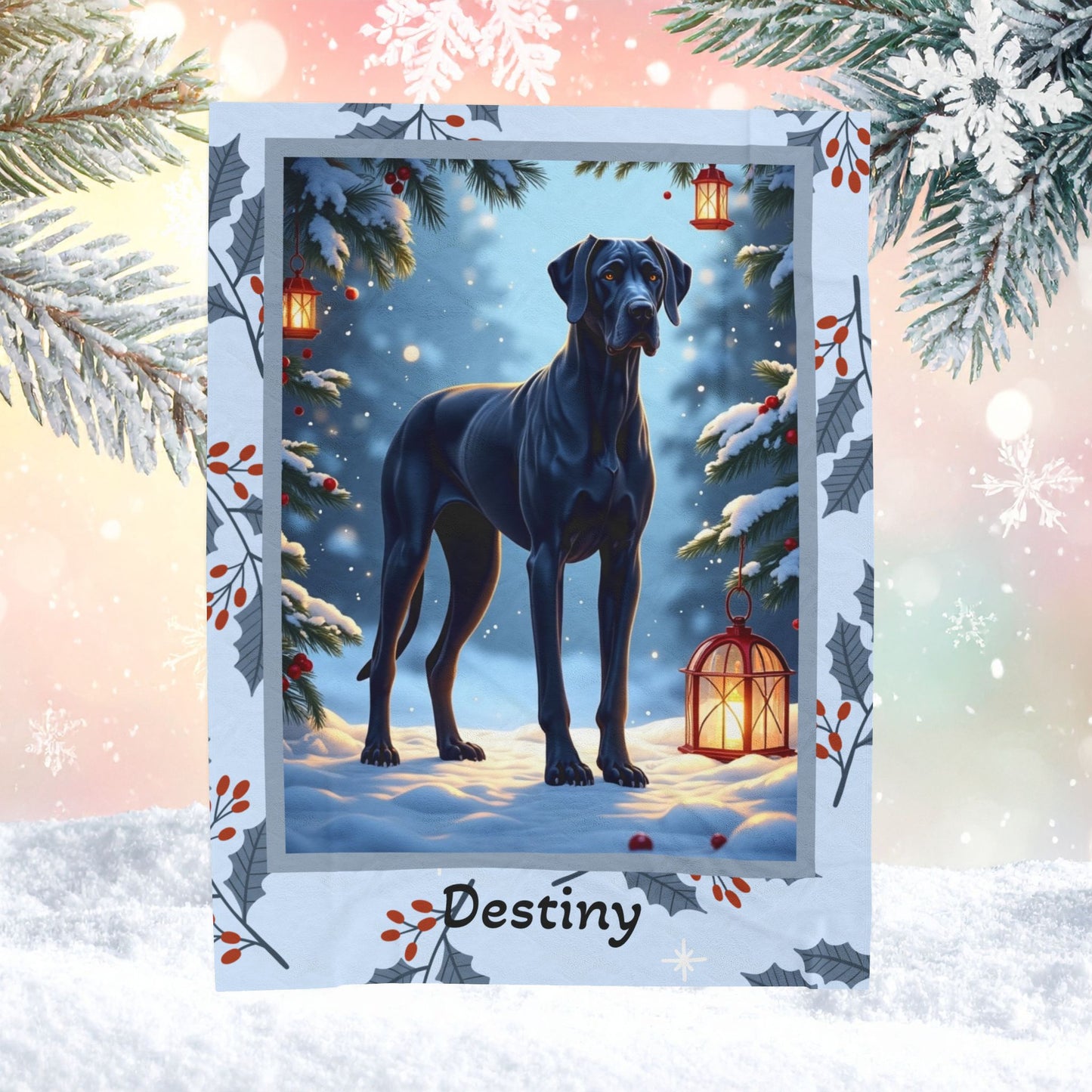 Great Dane Blue personalized winter throw with elegant Great Dane artwork in a bright winter lodge scene
