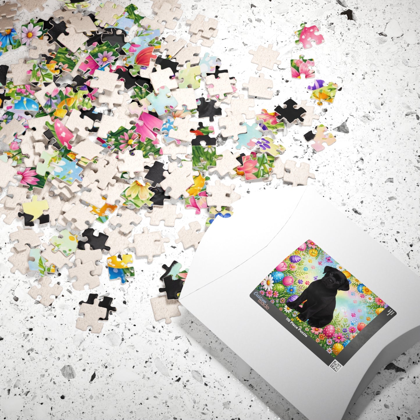 Rottweiler (Black) Easter Puppy Puzzle - Bold Spring Garden with Eggs and Wildflowers