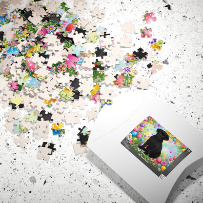 Rottweiler (Black) Easter Puppy Puzzle - Bold Spring Garden with Eggs and Wildflowers