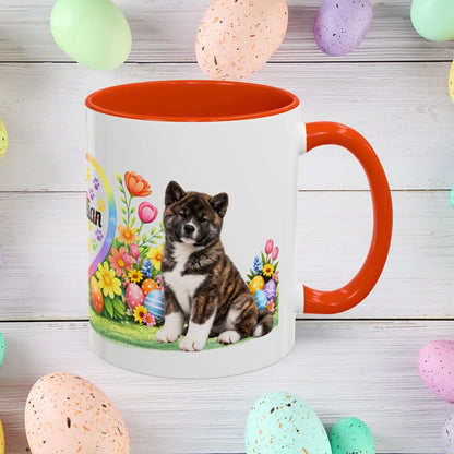 Shop our akita brindle puppy easter mug featuring the 11oz style option from MySisterIsASurvivor.