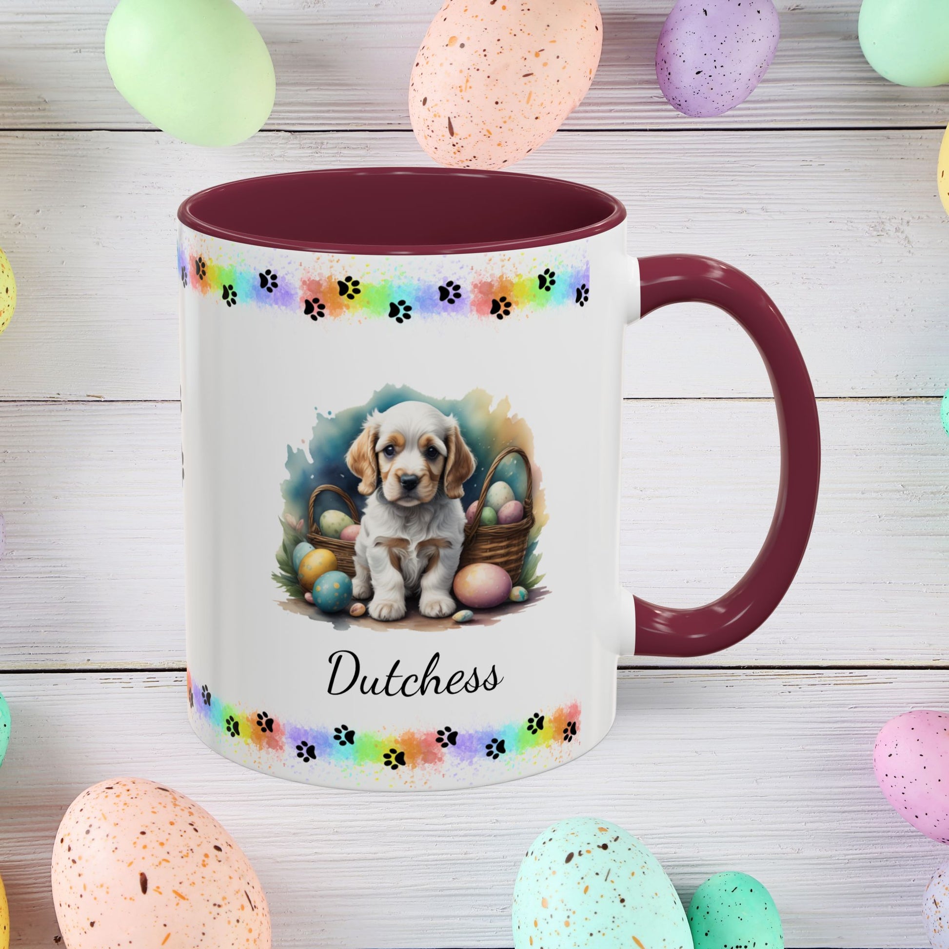 Cocker Spaniel (Orange & White): Personalized Easter Puppy Coffee Mug - Adorable Dog Design, Mental Health Gift, 11oz & 15oz, 12 Color Choices, Easter Gifts & Décor