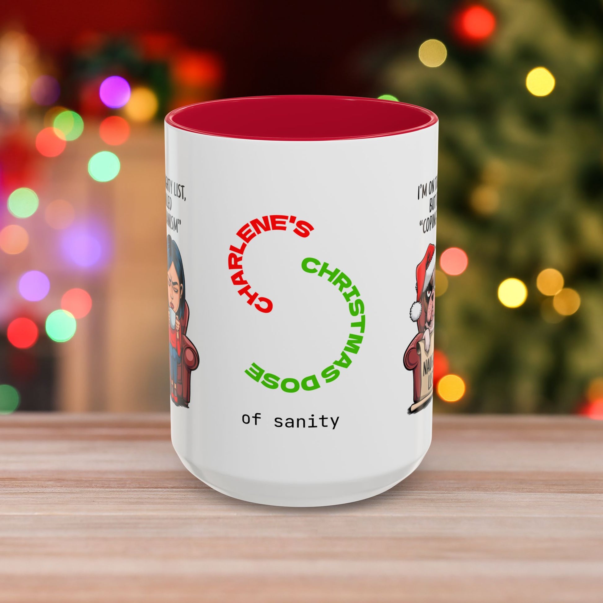 I'm On The Naughty List, But It's Called 'Coping Mechanism' – Christmas Mug with Female and Dog Design and Accent Color