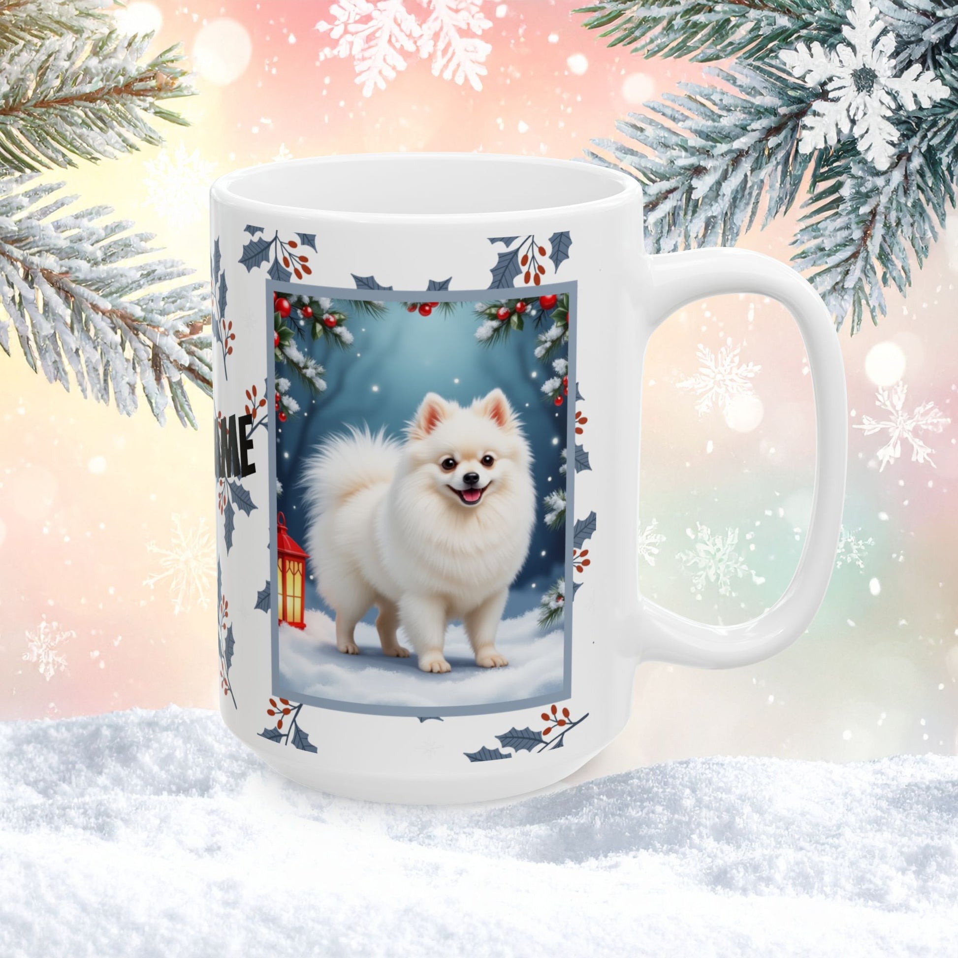 Pomeranian (White) Winter Mug - white pomeranian illustrated standing in a winter scene with soft snow