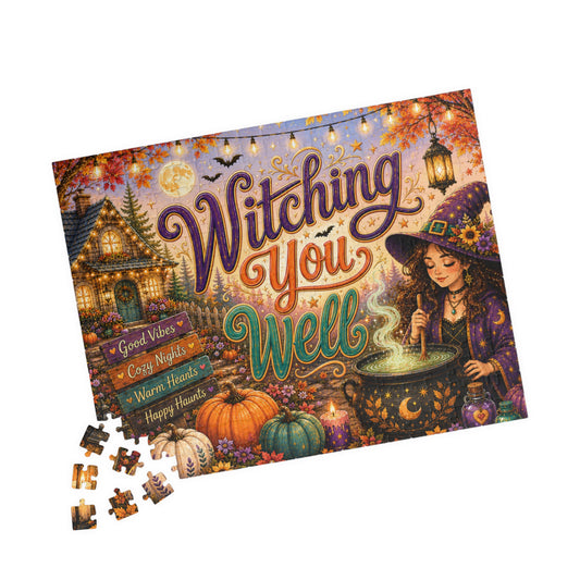 Witching You Well Halloween Puzzle - Witch Stirring Cauldron with Pumpkins, Full Moon, and Cottage