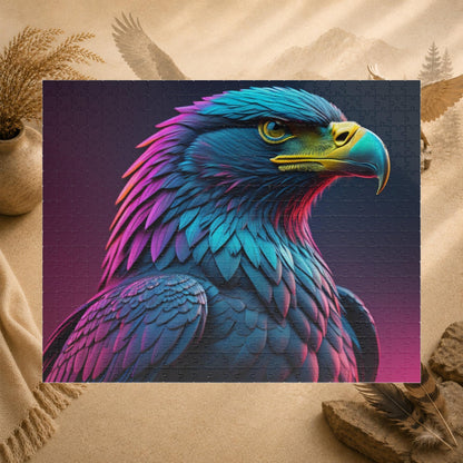 Eagle's Fortitude - Neon Eagle Portrait Puzzle with Teal and Pink-Purple Feathers on Dark Gradient