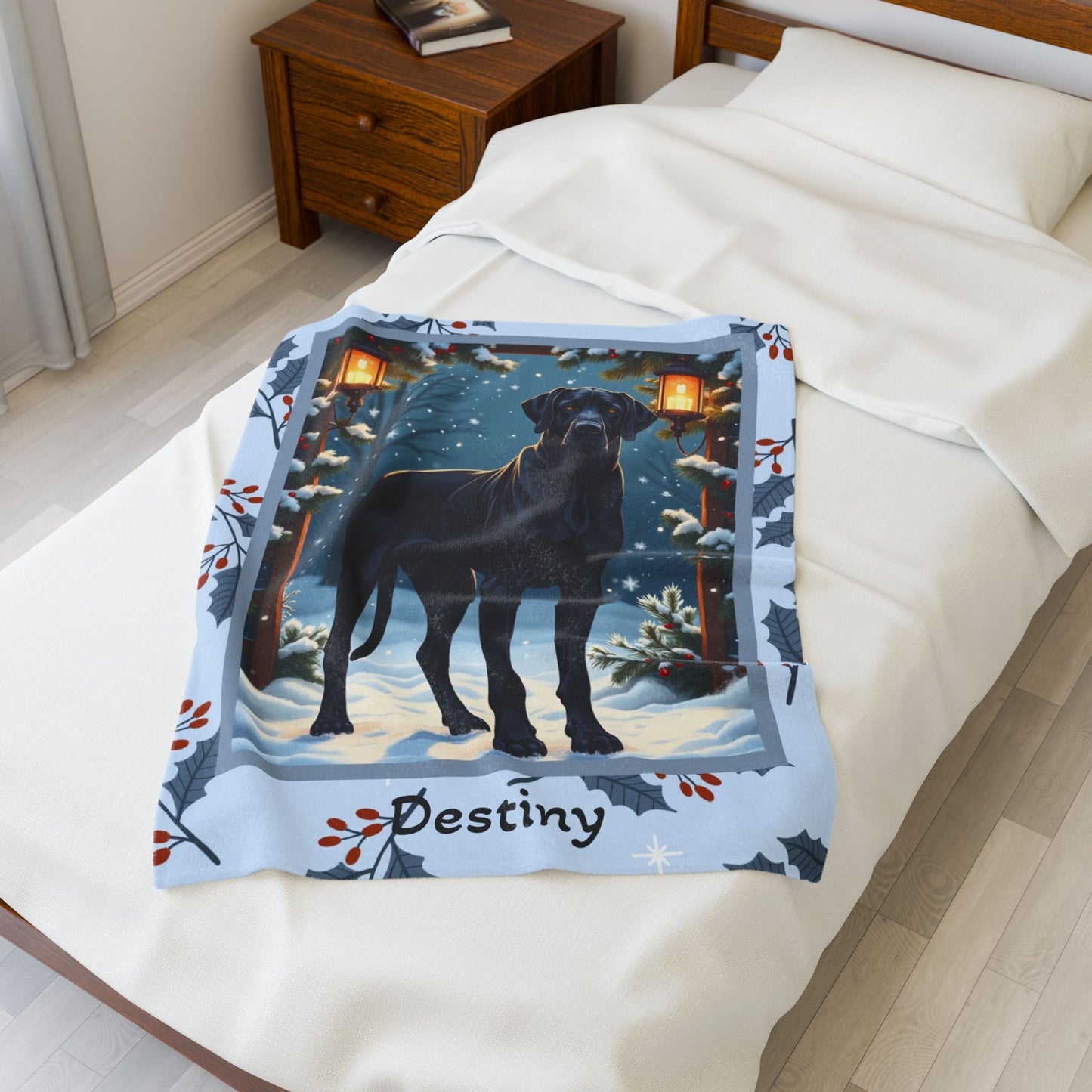 Great Dane Black custom winter blanket featuring a majestic Great Dane in a cozy lodge-style snowy illustration