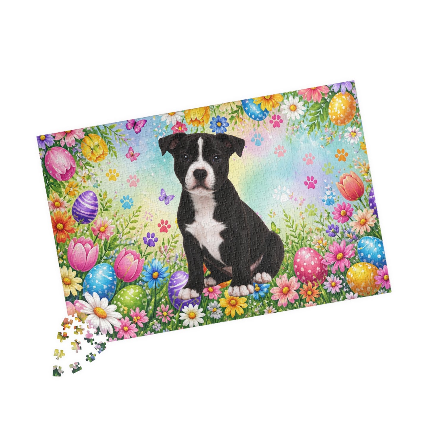 Pitbull (Black & White) Easter Puppy Puzzle - Spring Garden with Eggs, Tulips, and Daisies