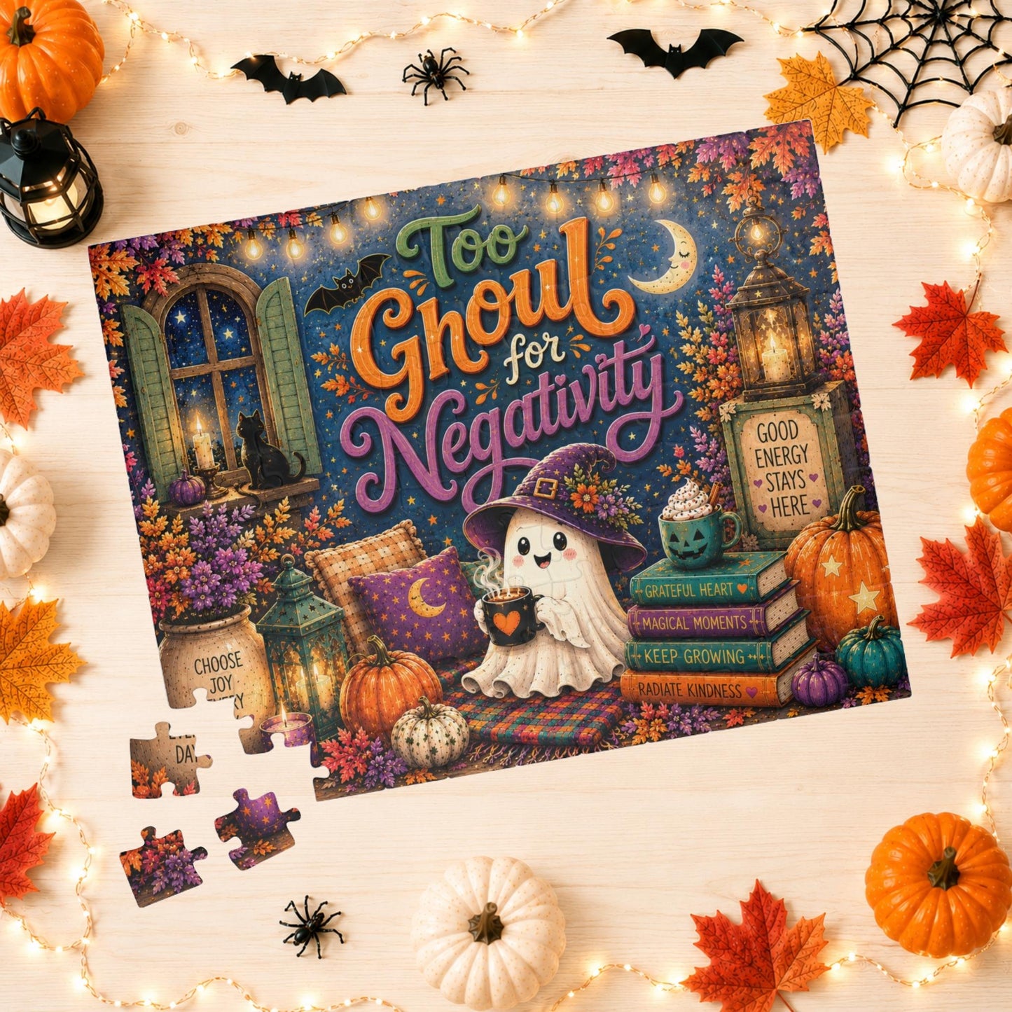Too Ghoul for Negativity Halloween Puzzle - Ghost with Cauldron Mug, Good Energy Stays Here Sign, and Gratitude Books