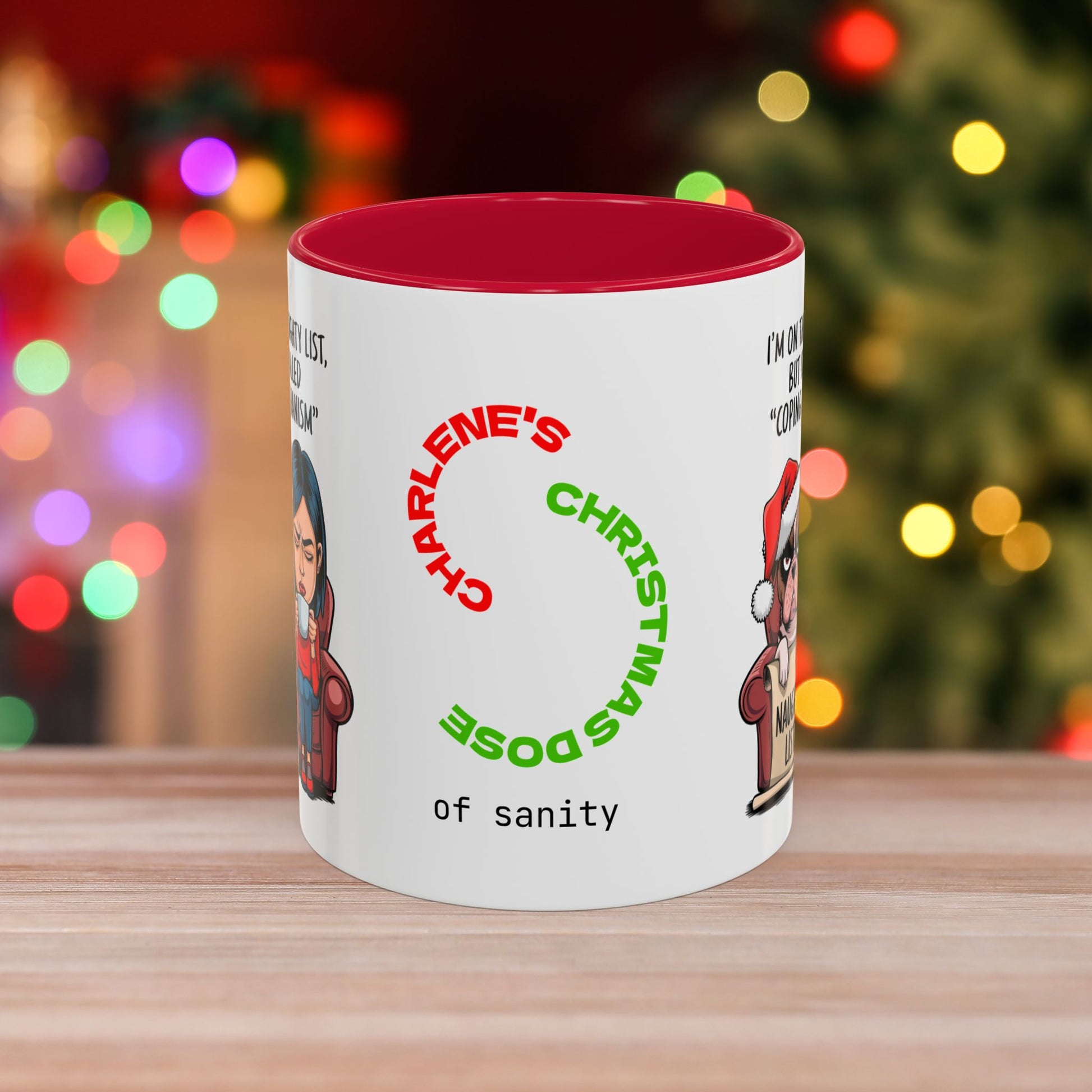 I'm On The Naughty List, But It's Called 'Coping Mechanism' – Christmas Mug with Female and Dog Design and Accent Color