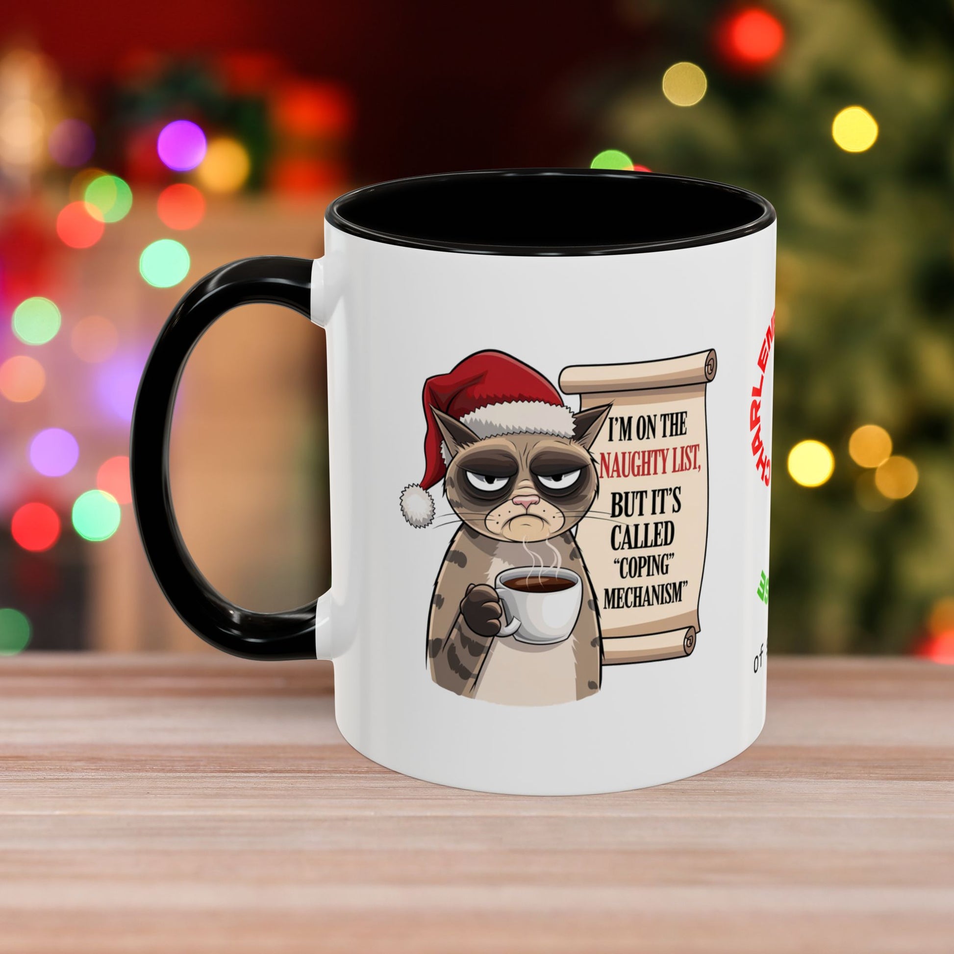 I'm On The Naughty List, But It's Called 'Coping Mechanism' - Christmas Mug with Cat Design and Accent Color
