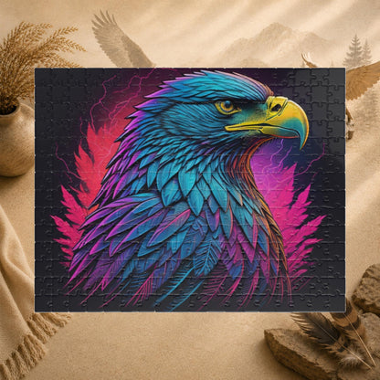 Triumphant Talons - Blacklight Neon Eagle Head Puzzle with Teal and Purple Feathers on Deep Black