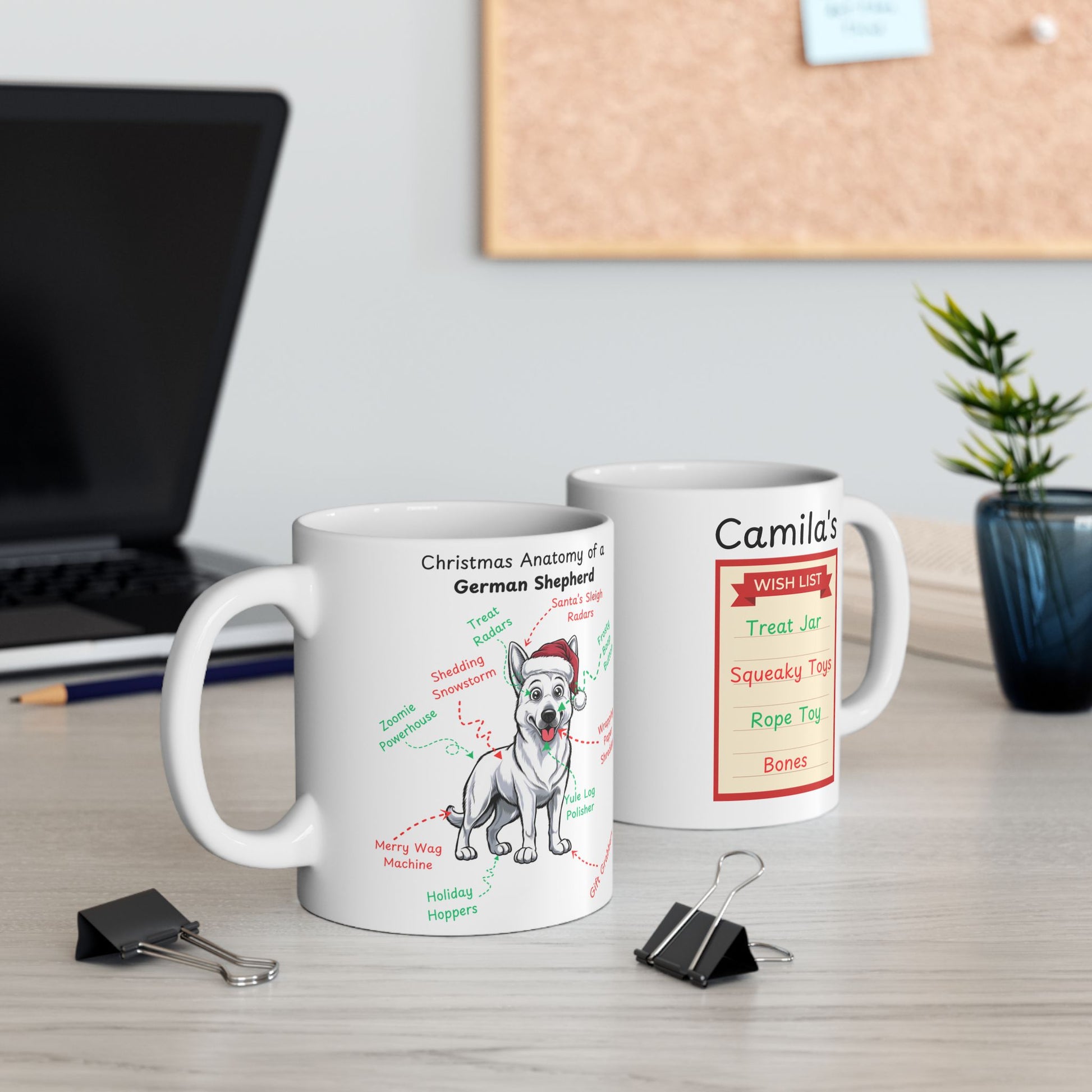 German Shepherd (White) Personalized Christmas Dog Anatomy Mug, Funny Holiday Gift for Dog Lovers, Festive Dog Breed Coffee Cup