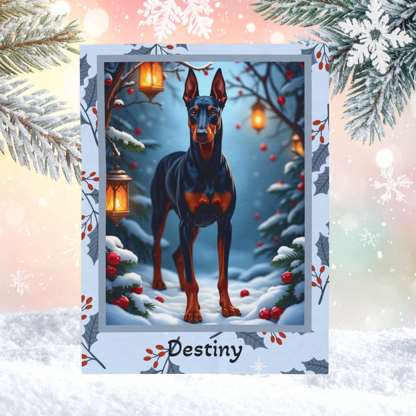 Doberman Blue and Rust personalized winter dog blanket with elegant Doberman artwork and bright snowy lodge scenery