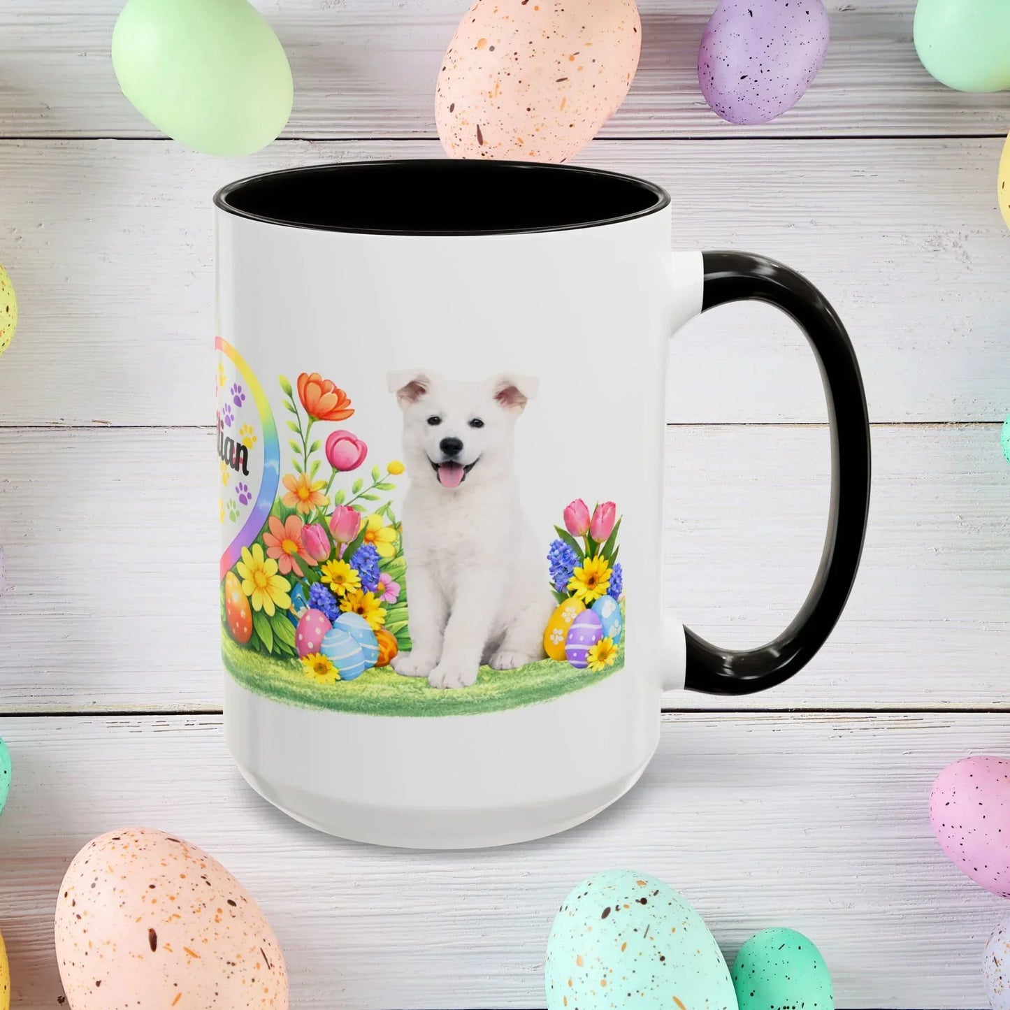 Shop our german shepherd white puppy easter mug featuring the 15oz style option from MySisterIsASurvivor.