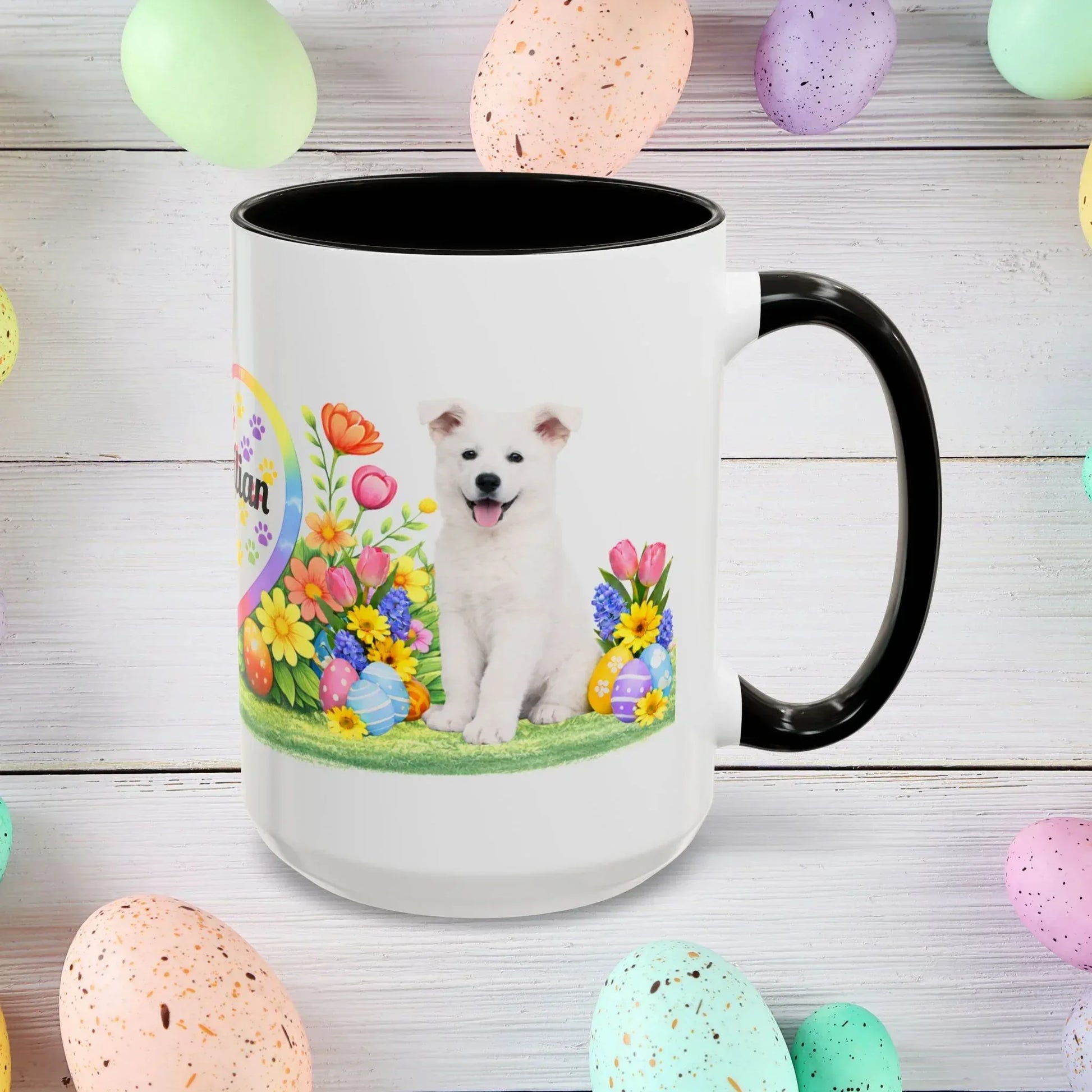 Shop our german shepherd white puppy easter mug featuring the 15oz style option from MySisterIsASurvivor.