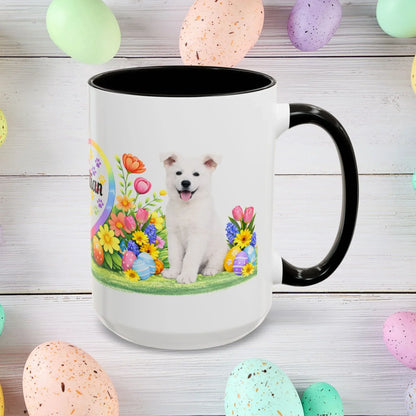 Shop our german shepherd white puppy easter mug featuring the 15oz style option from MySisterIsASurvivor.