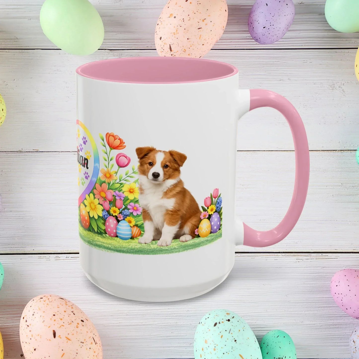 Shop our border collie red white puppy easter mug featuring the 15oz style option from MySisterIsASurvivor.