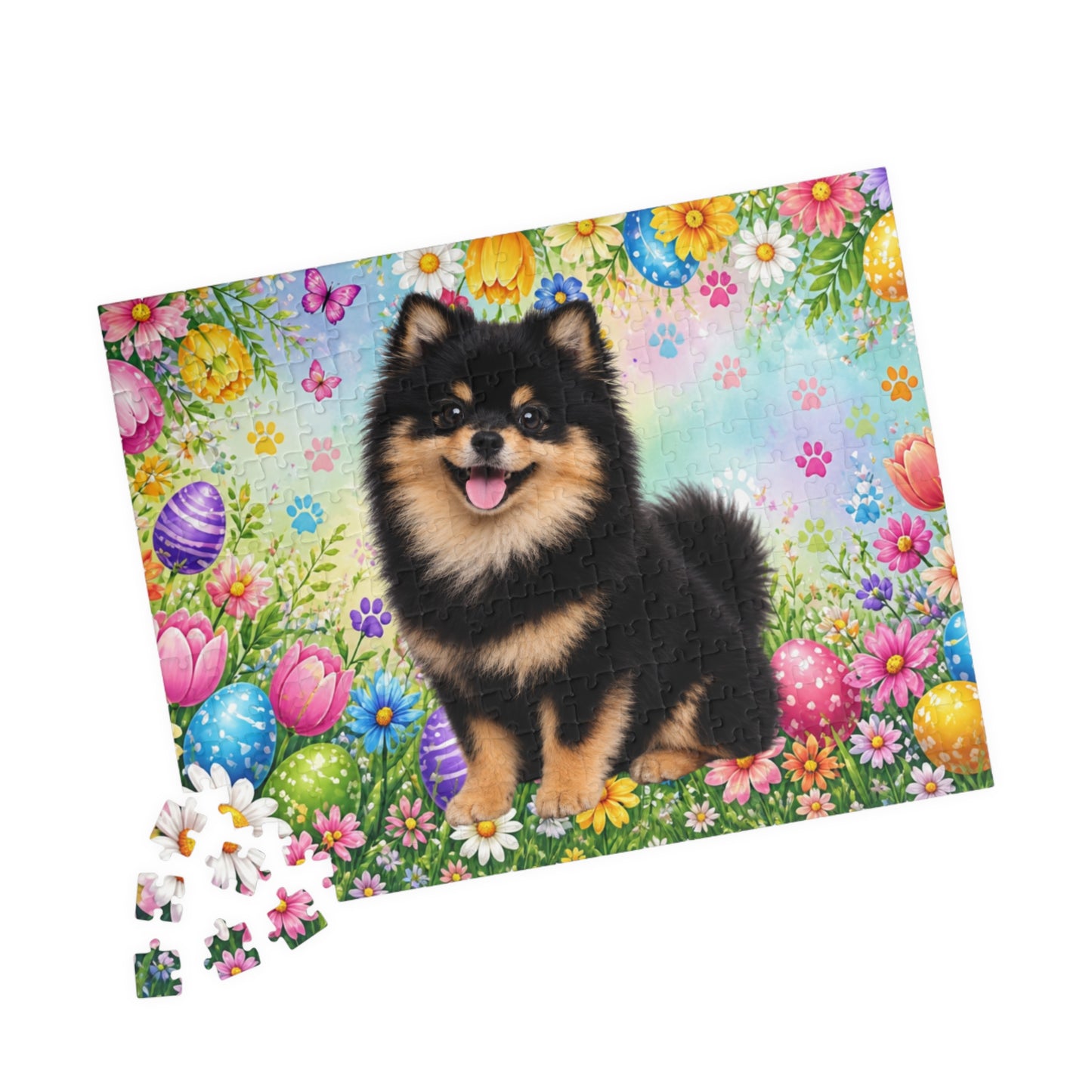 Pomeranian (Black & Tan) Easter Puppy Puzzle - Spring Garden with Eggs, Tulips, and Daisies