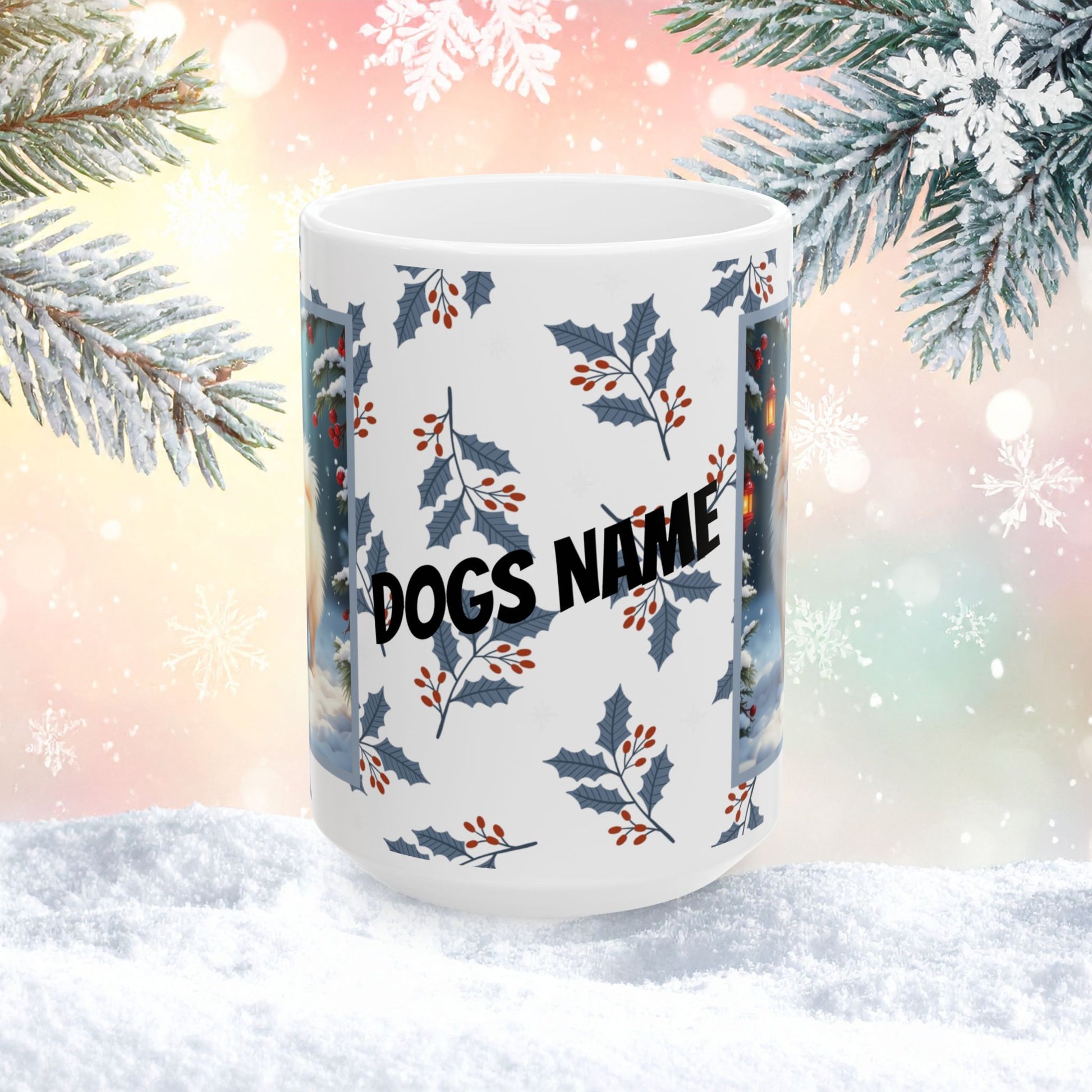 Pomeranian (Cream) Winter Mug - cream pomeranian artwork standing in a bright winter setting with snow