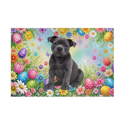 Pitbull (Blue) Easter Puppy Puzzle - Spring Garden with Eggs, Tulips, and Daisies