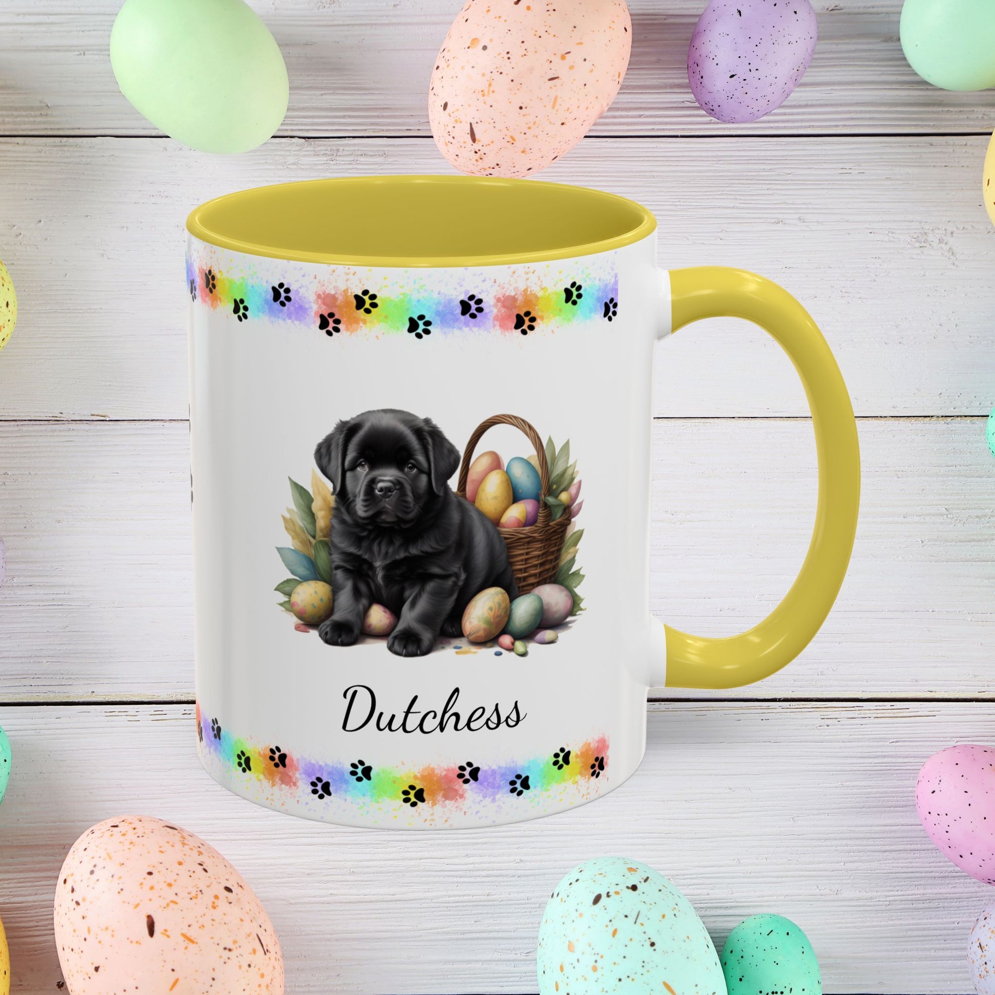 Newfoundland (Black): Personalized Easter Puppy Coffee Mug - Adorable Dog Design, Mental Health Gift, 11oz & 15oz, 12 Color Choices, Easter Gifts & Décor