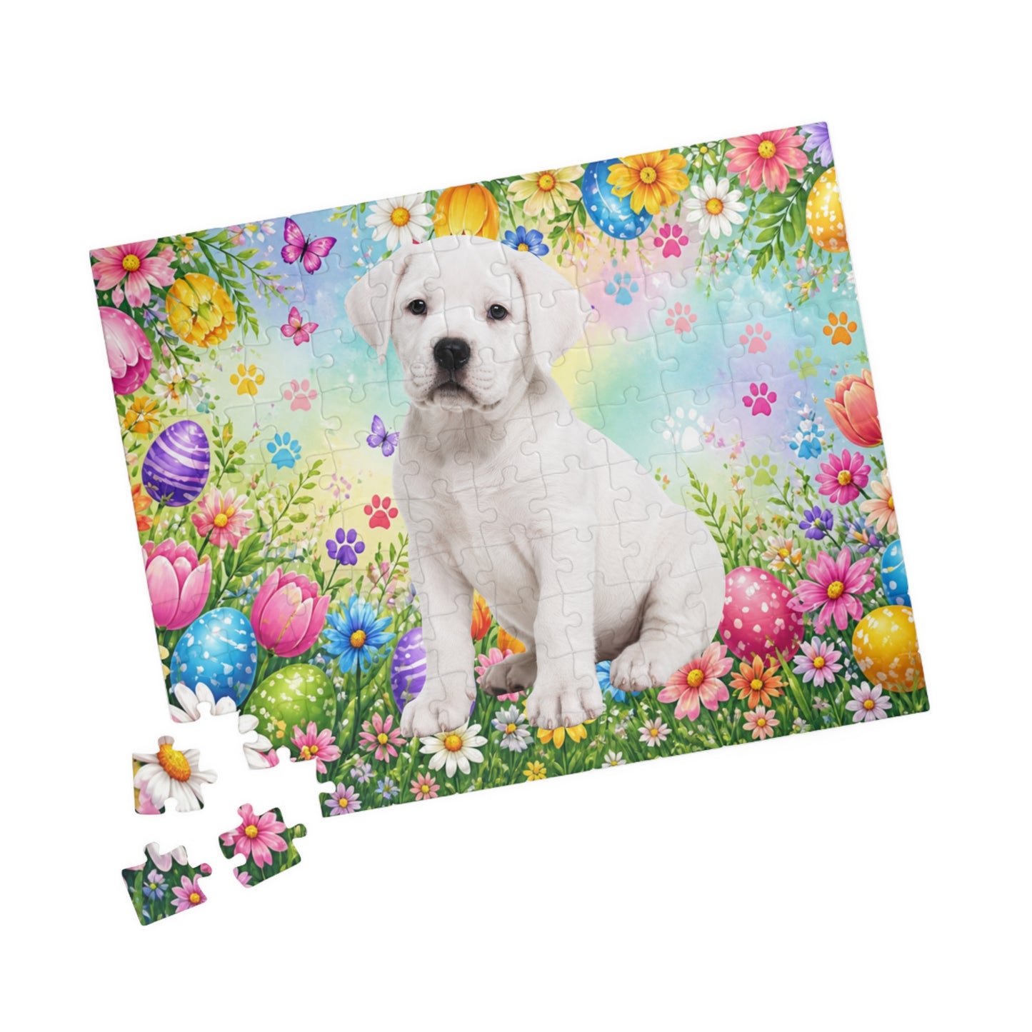 Rottweiler (White) Easter Puppy Puzzle - Spring Garden with Eggs, Tulips, and Butterflies